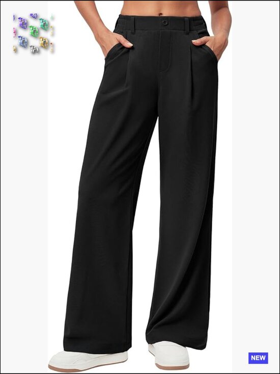 Pants - Wide Leg Pants Stretchy Work Trousers Business Casual Elastic Waist Slacks